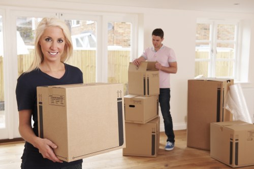 Packing and carrying boxes for a flat move in Bow