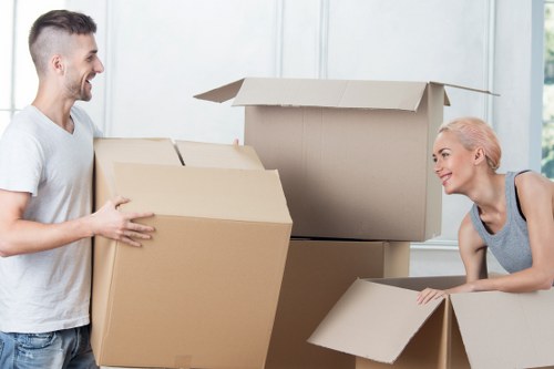 Professional Bow movers handling packed boxes during a home relocation